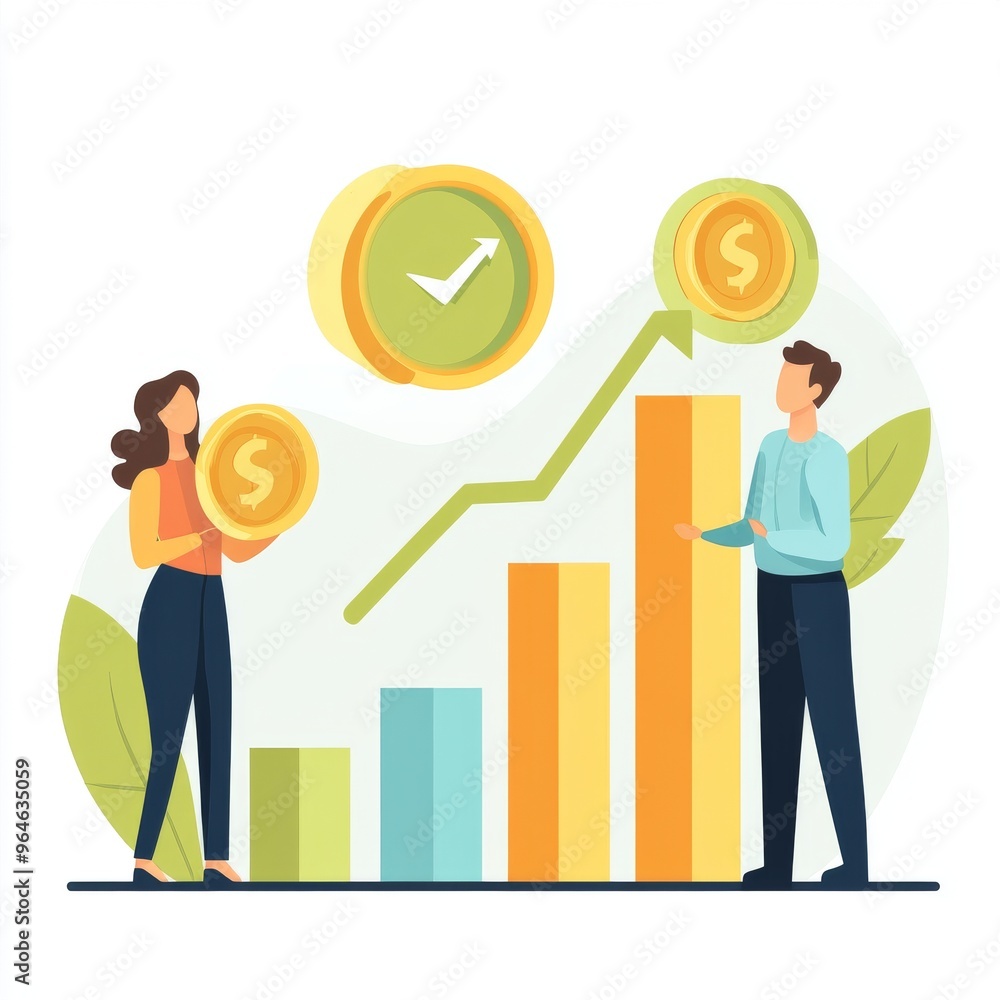 Team discussing financial growth and success with bar graph and rising trend Team discussing financial growth and success with bar graph and rising trend