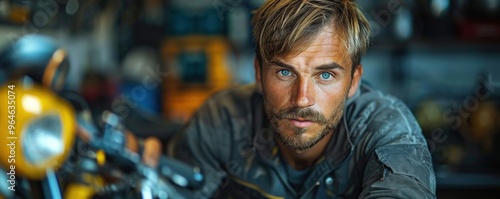 Wallpaper Mural A man with a focused expression, repairing a bicycle tire with tools in hand and a determined look of concentration against a plain white background. Torontodigital.ca