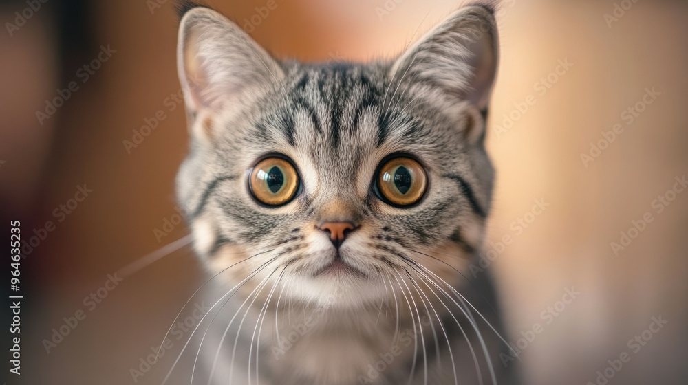 A close-up of a curious gray tabby cat with large eyes and prominent whiskers. A close-up of a curious gray tabby cat with large eyes and prominent whiskers.