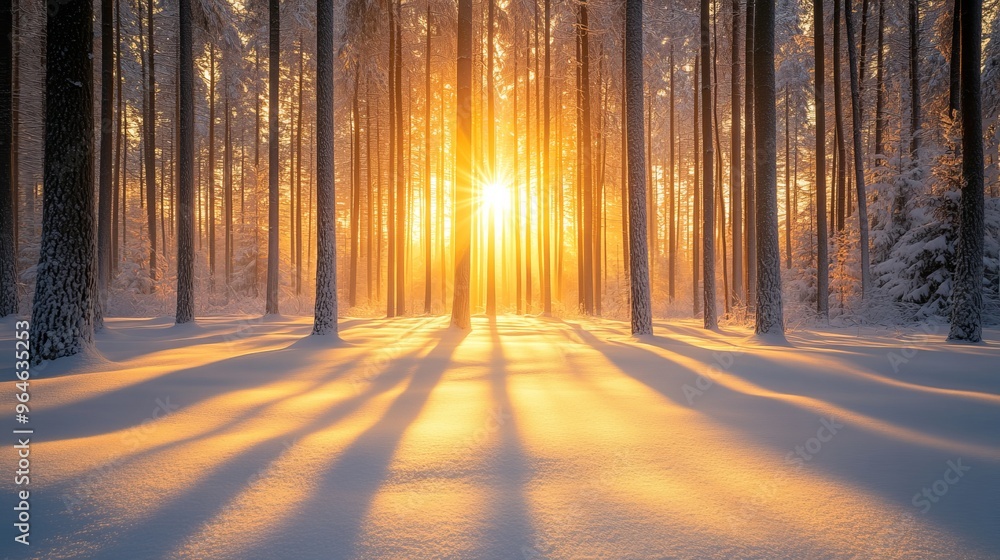 A serene winter forest at sunset, with golden light filtering through snow-covered trees, casting long shadows. A serene winter forest at sunset, with golden light filtering through snow-covered trees, casting long shadows.