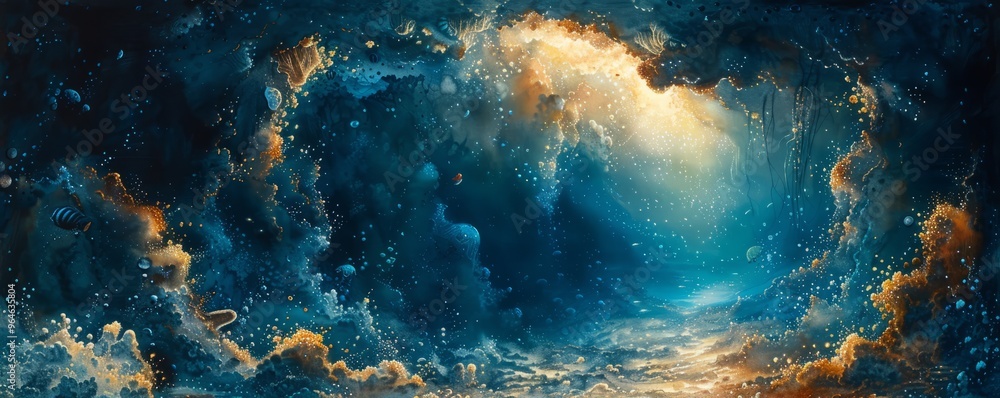 Fototapeta premium Abstract underwater cave with glowing creatures in watercolor.