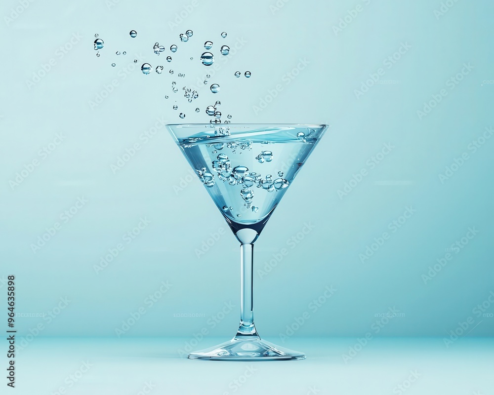 Martini glass submerged in virtual water, digital bubbles rising, representing digital innovation, Sci-fi, 3D Render, Blue and silver tones Martini glass submerged in virtual water, digital bubbles rising, representing digital innovation, Sci-fi, 3D Render, Blue and silver tones