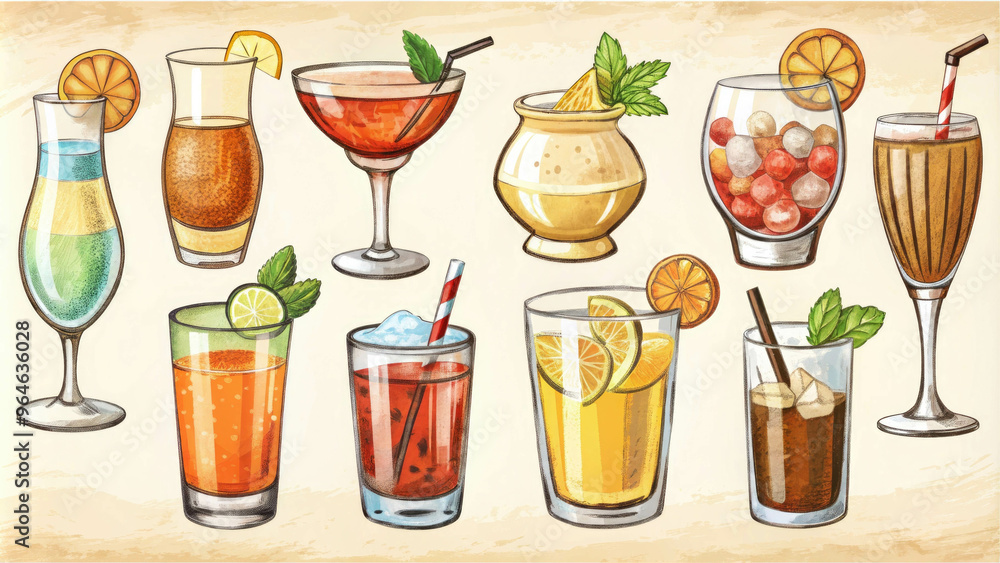 Illustration of various colorful alcoholic drinks in different types of glasses, beer, cocktails and mugs, Illustration of various colorful alcoholic drinks in different types of glasses, beer, cocktails and mugs,