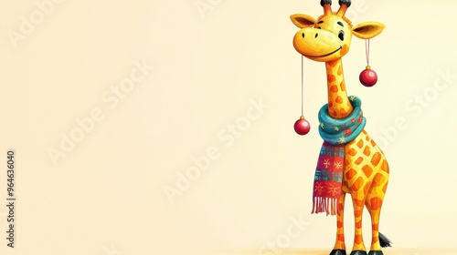 Cheerful animated giraffe wearing a scarf and Christmas ornaments, standing against a light background in a festive setting photo