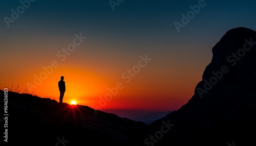 Silhouette of a person standing on a hill at sunset, with vibrant hues of orange and blue in the sky behind the person.