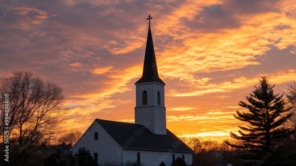 Obraz premium A serene church silhouette against a vibrant sunset sky, symbolizing peace and spirituality.