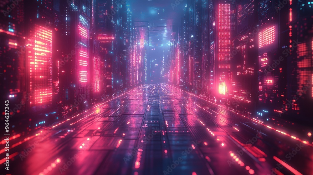 Futuristic digital cityscape with glowing neon lights. Futuristic digital cityscape with glowing neon lights.