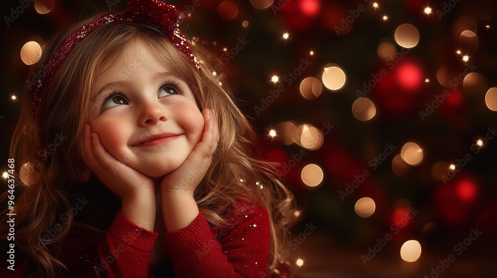 A joyful child gazes upward, surrounded by festive decorations and soft lights, embodying the spirit of the holiday season. A joyful child gazes upward, surrounded by festive decorations and soft lights, embodying the spirit of the holiday season.