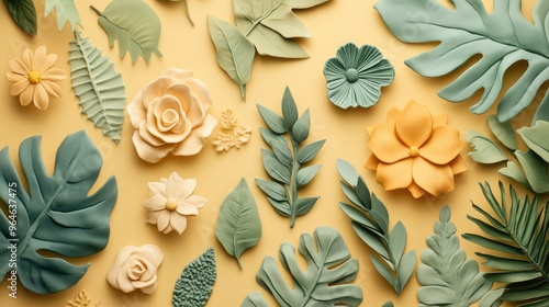A vintage-inspired background with Fimo polymer clay plants in muted retro tones, featuring stylized, geometric leaves and flowers
