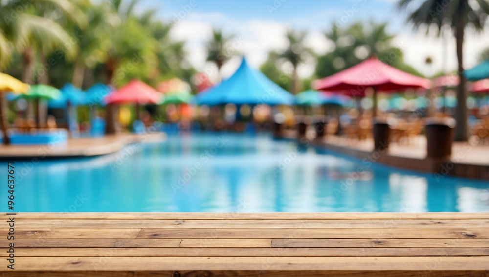 The empty wooden table top with blur background of water park. For product display The empty wooden table top with blur background of water park. For product display