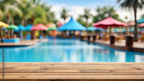 The empty wooden table top with blur background of water park. For product display