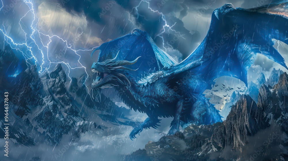 Fototapeta premium A blue dragon soars through a stormy sky, lightning striking in the distance.