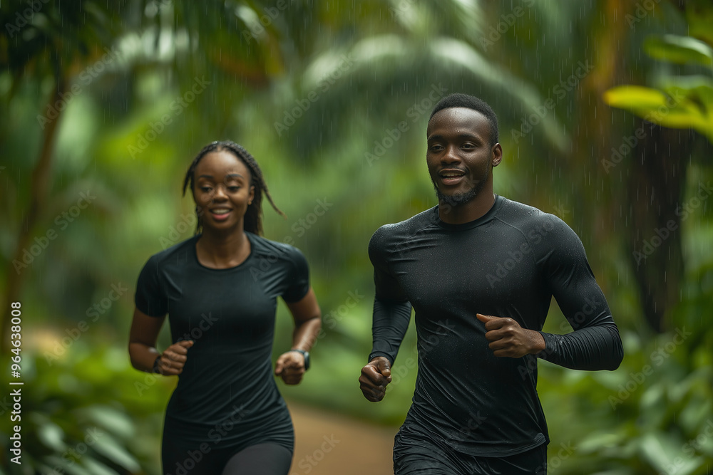 Happy athletic couple jogging while exercising in nature. Focus is on woman. Healthy lifestyle Happy athletic couple jogging while exercising in nature. Focus is on woman. Healthy lifestyle