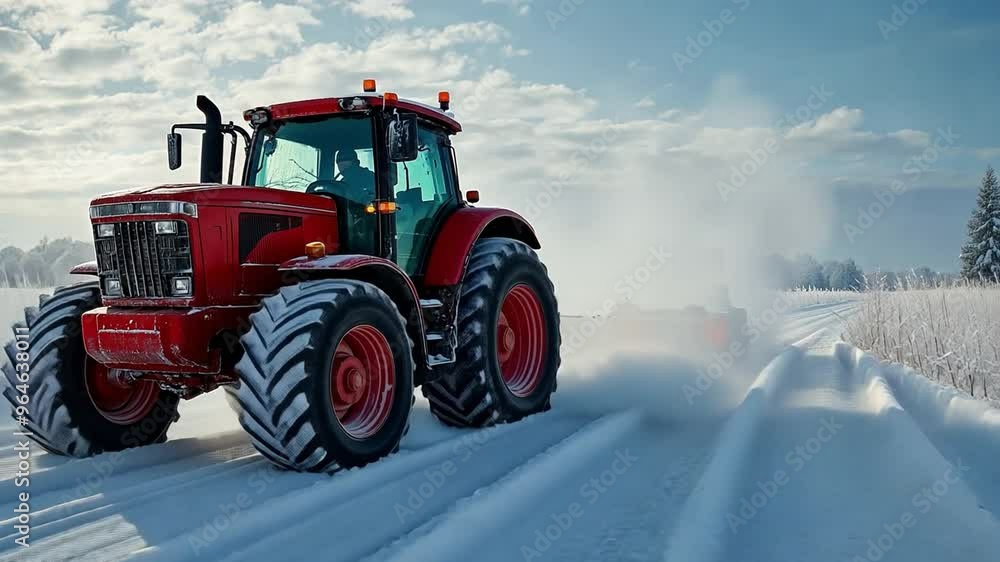 A wintertime tractor clears snow from the road after it has fallen. A wintertime tractor clears snow from the road after it has fallen.