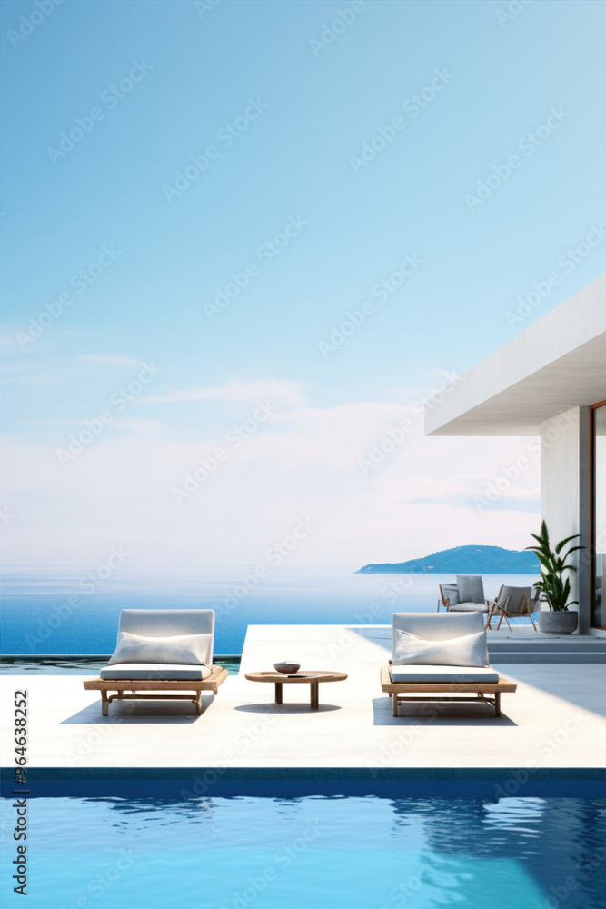 Obraz premium A minimalistic modern building with a swimming pool in front, surrounded by outdoor furniture and shaded by clouds in the azure sky. A perfect property for real estate