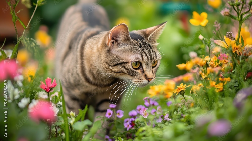 Fototapeta premium A curious cat exploring a vibrant garden filled with colorful flowers.