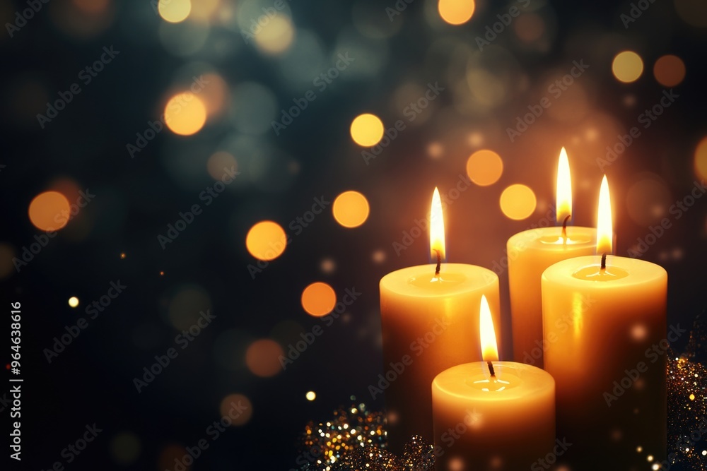 Advent Christmas candles burning in the night with golden glitter on flames and abstract defocused lights Advent Christmas candles burning in the night with golden glitter on flames and abstract defocused lights