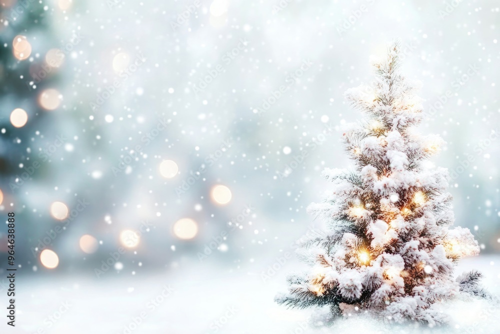 Christmas tree with snow decorated with garland lights, Christmas, New year, winter holiday festive background Christmas tree with snow decorated with garland lights, Christmas, New year, winter holiday festive background