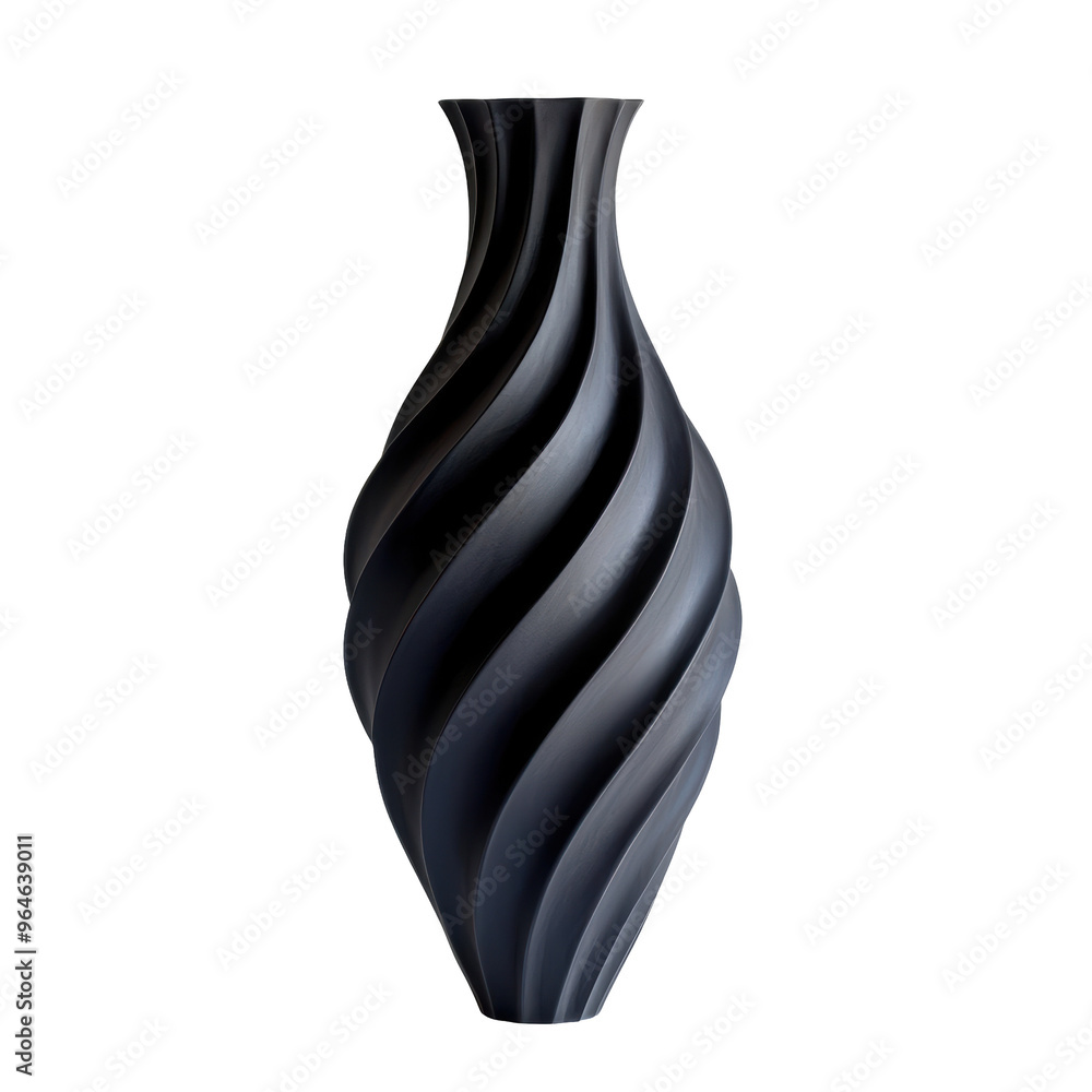 Naklejka premium Glossy black vase with a curved spiral design, showcasing a modern and artistic aesthetic. Isolated on transparent background, png.