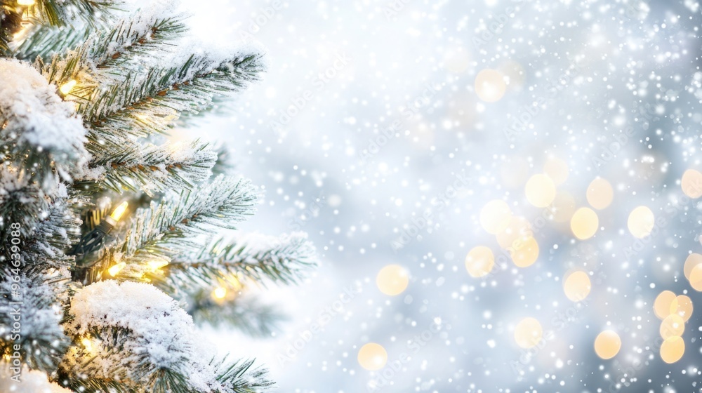 Christmas tree with snow decorated with garland lights, Christmas, New year, winter holiday festive background Christmas tree with snow decorated with garland lights, Christmas, New year, winter holiday festive background