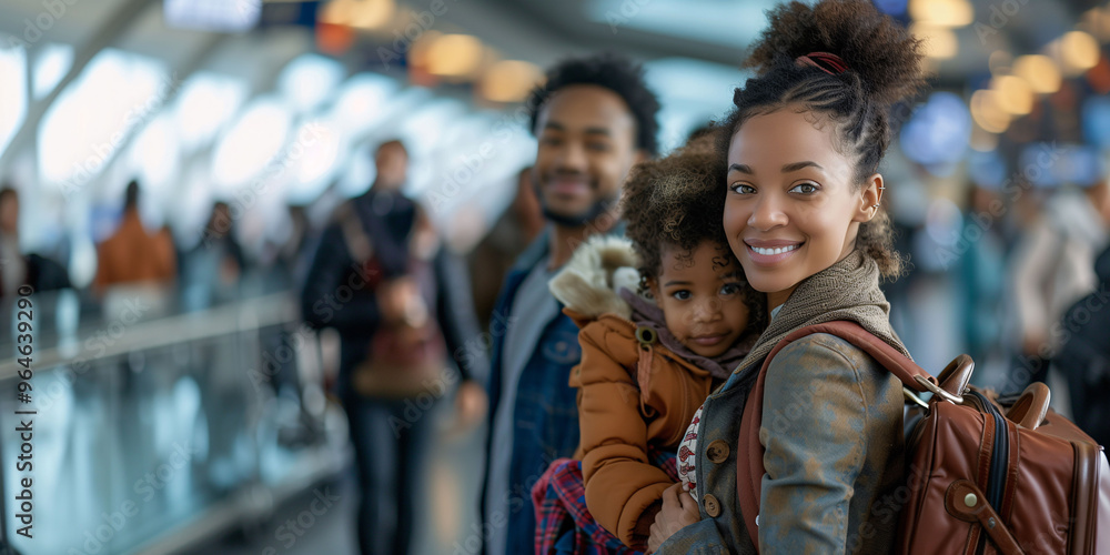 A mother holding her child in her arms at the airport, waiting to depart for a trip. Concept of travel, vacations, getaways, and family trips. A mother holding her child in her arms at the airport, waiting to depart for a trip. Concept of travel, vacations, getaways, and family trips.