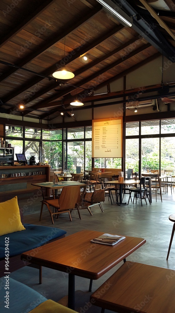 A modern cafe with wooden ceiling beams, large windows, and comfortable seating. A modern cafe with wooden ceiling beams, large windows, and comfortable seating.