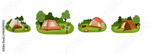 Camping composition. Landscape with trees and bushes. Camp tent and bonfire. Tourist campsite, outdoor adventure, campground in forest. Hiking tourism. Summer vacation vector cartoon flat illustration