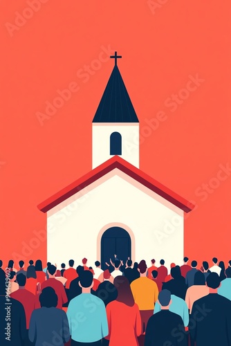 Large crowd of people gather in front of a church.