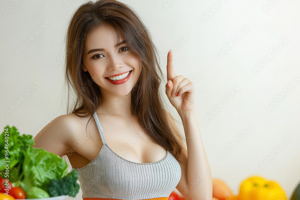 Smiling woman in sportswear holding green and orange juices in a modern kitchen surrounded by fresh vegetables and fruits. Healthy lifestyle Smiling woman in sportswear holding green and orange juices in a modern kitchen surrounded by fresh vegetables and fruits. Healthy lifestyle