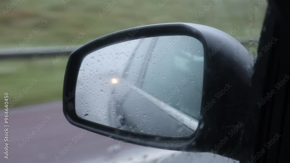 View In The Rearview Mirror Of A Passenger Car While Driving In Rainy Weather View In The Rearview Mirror Of A Passenger Car While Driving In Rainy Weather