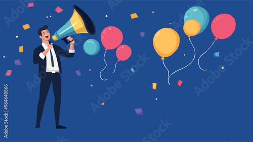 Communication or PR, Public Relations manager to communicate company information and media, announce sales or promotion concept, businessman holding speech bubble balloons while talking on megaphone.