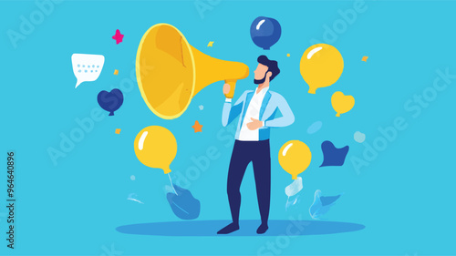 Communication or PR, Public Relations manager to communicate company information and media, announce sales or promotion concept, businessman holding speech bubble balloons while talking on megaphone.