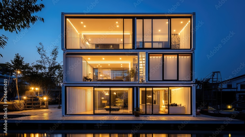 A beautifully lit container house at night, with glass walls and white metal exteriors, surrounded by a tranquil water town environment A beautifully lit container house at night, with glass walls and white metal exteriors, surrounded by a tranquil water town environment
