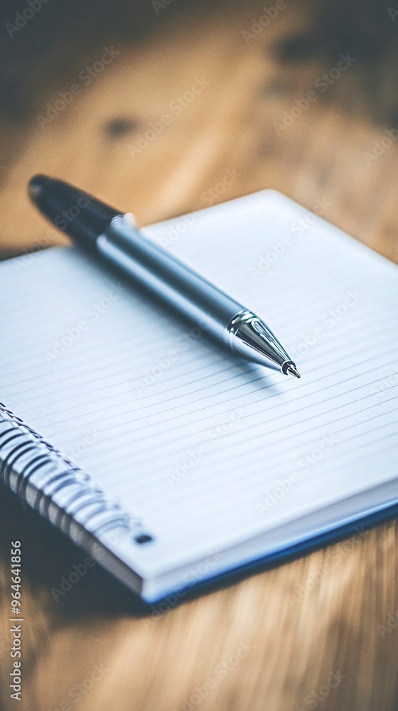 A silver pen lies on a blank page of a notebook with a wooden background. A silver pen lies on a blank page of a notebook with a wooden background.