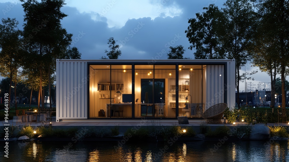 Fototapeta premium A photo-realistic image of a container house with large windows, white metal panels, and warm interior lighting, set in a water town