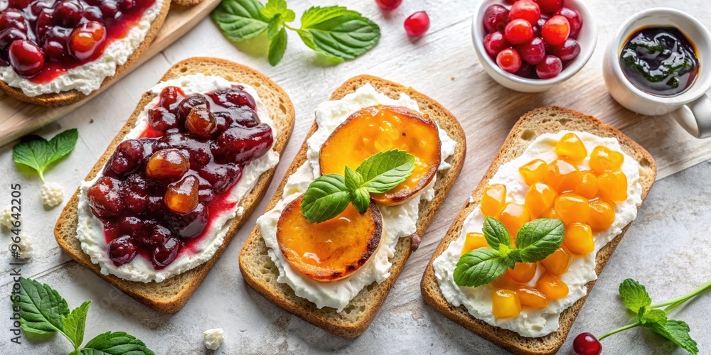 Assorted open-faced fruit sandwiches with cream cheese, topped with cherries, peaches, and mango on toasted bread, served with fresh herbs and jam, ideal for breakfast ideas or gourmet food photograph Assorted open-faced fruit sandwiches with cream cheese, topped with cherries, peaches, and mango on toasted bread, served with fresh herbs and jam, ideal for breakfast ideas or gourmet food photograph