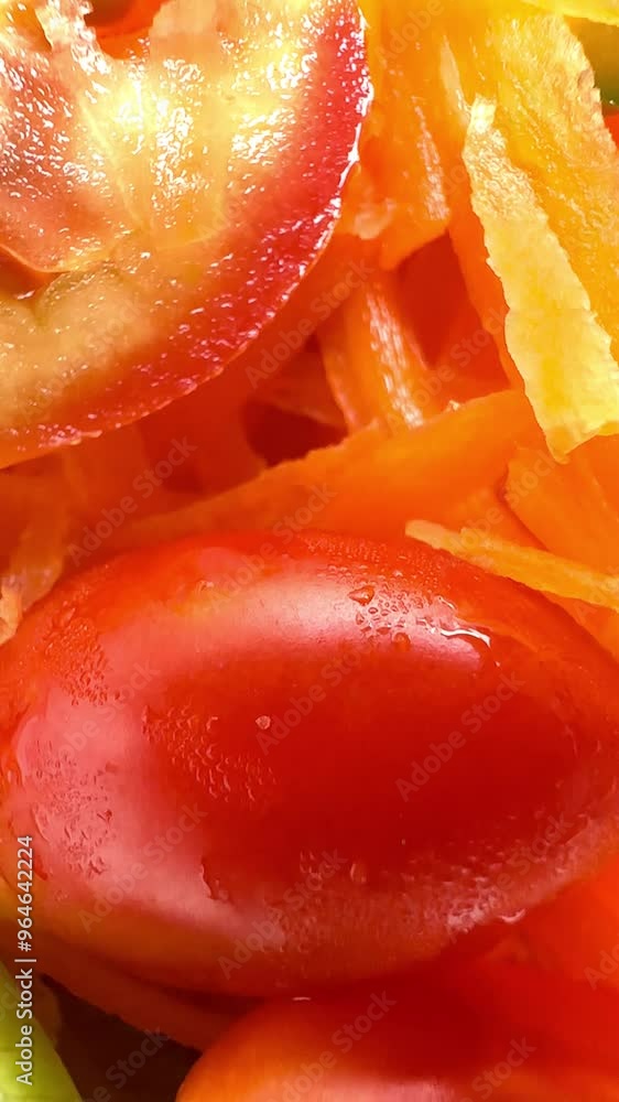 A bright and fresh salad with thinly shredded carrots, cherry tomatoes, sliced red tomatoes, greens (probably romaine lettuce) and sliced yellow bell pepper. The textures are distinctly different A bright and fresh salad with thinly shredded carrots, cherry tomatoes, sliced red tomatoes, greens (probably romaine lettuce) and sliced yellow bell pepper. The textures are distinctly different