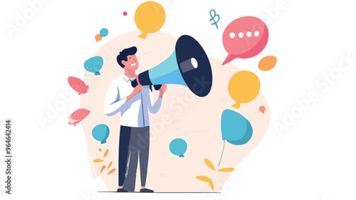 Communication or PR, Public Relations manager to communicate company information and media, announce sales or promotion concept, businessman holding speech bubble balloons while talking on megaphone.