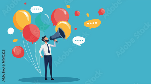 Communication or PR, Public Relations manager to communicate company information and media, announce sales or promotion concept, businessman holding speech bubble balloons while talking on megaphone.