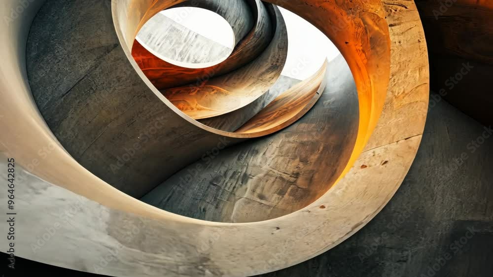 Exploring abstract architectural design in a vibrant, swirling concrete structure at sunset Exploring abstract architectural design in a vibrant, swirling concrete structure at sunset