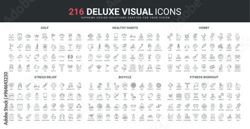 Hobby and sport games, golf player tools and course, stress relief for mental health line icon set. Healthy habits and activity, gym workout, shopping thin black outline symbols vector illustration