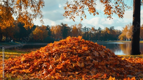 a pile of autumn leaves in the park. Selective focus