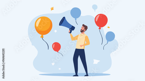 Communication or PR, Public Relations manager to communicate company information and media, announce sales or promotion concept, businessman holding speech bubble balloons while talking on megaphone.