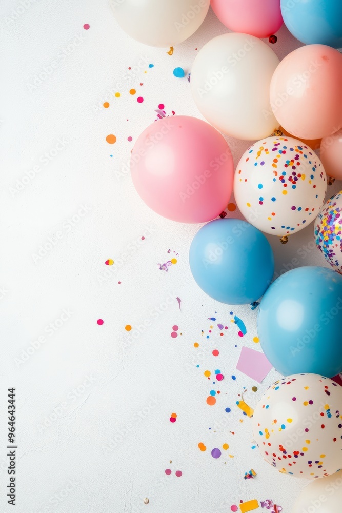 Festive background with gold balloons and scattered golden confetti. Premium background for a festive birthday celebration.. Design of a postcard, banner, website Festive background with gold balloons and scattered golden confetti. Premium background for a festive birthday celebration.. Design of a postcard, banner, website