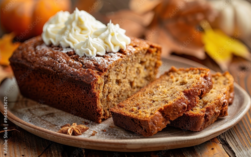 Homemade pumpkin bread with whipped cream Homemade pumpkin bread with whipped cream
