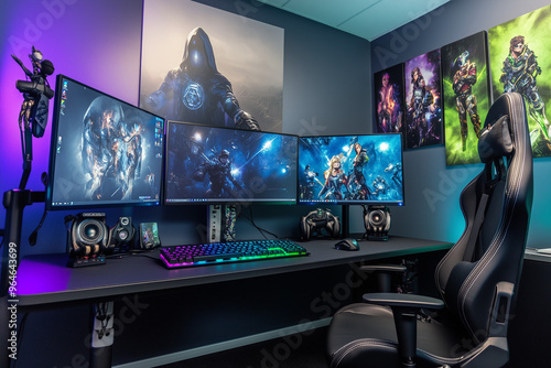 A high-tech gaming battlestation with RGB mechanical keyboard, ultra-wide monitor, ergonomic chair, and a wall art display of popular video game characters photo