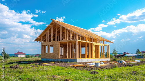 Single family wooden house under construction.