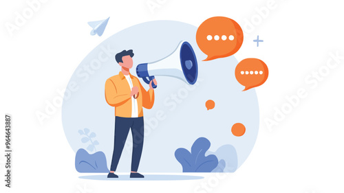 Communication or PR, Public Relations manager to communicate company information and media, announce sales or promotion concept, businessman holding speech bubble balloons while talking on megaphone.