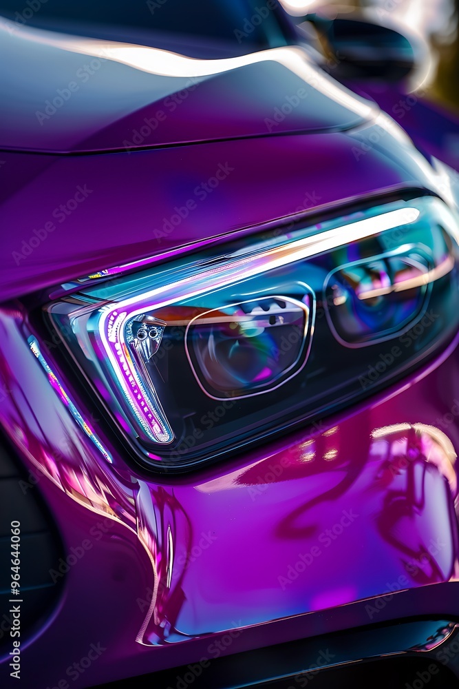 Macro view of car headlight of modern purple car. Macro view of car headlight of modern purple car.