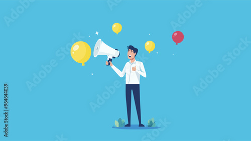 Communication or PR, Public Relations manager to communicate company information and media, announce sales or promotion concept, businessman holding speech bubble balloons while talking on megaphone.